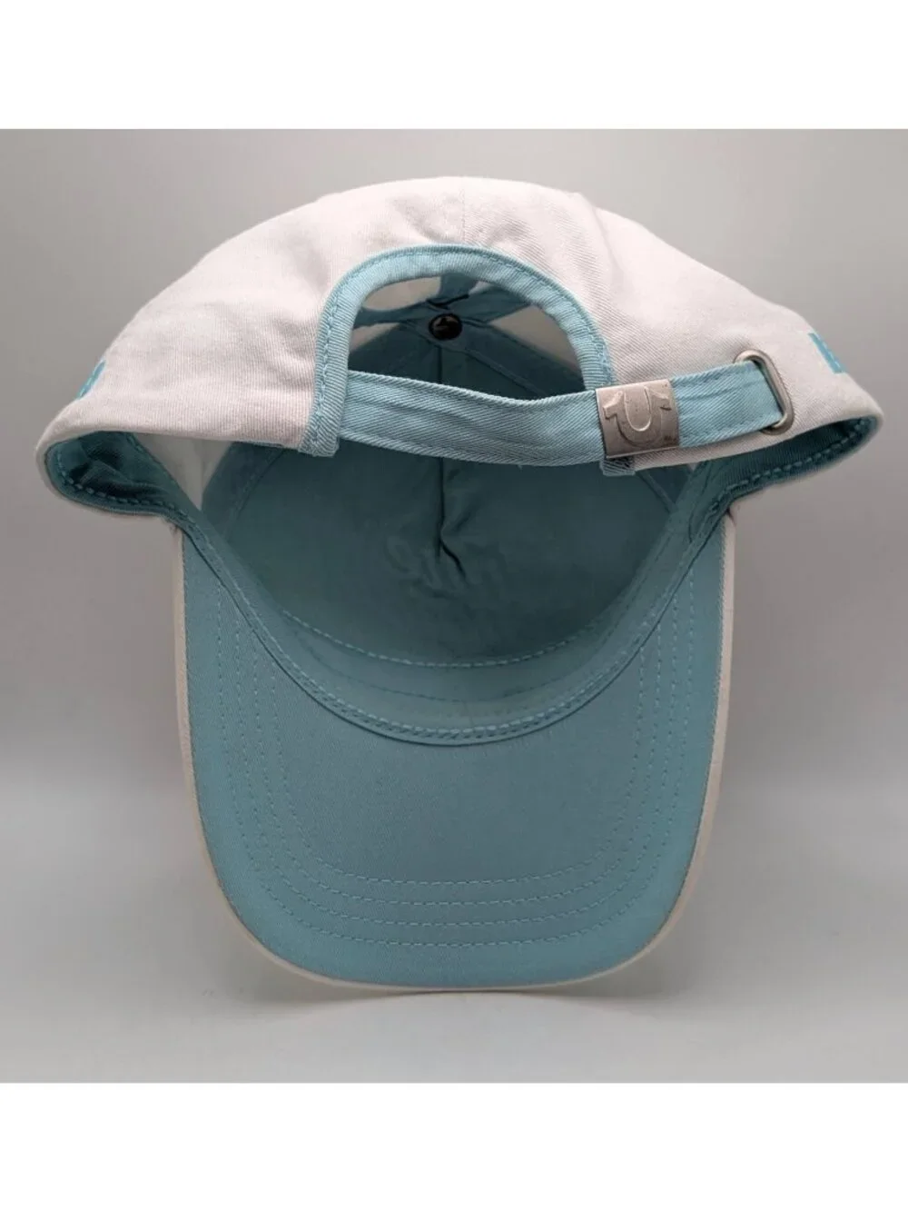 Vintage True Religion Hat Strap Back White Light Blue Unisex Y2K Thick Stitch